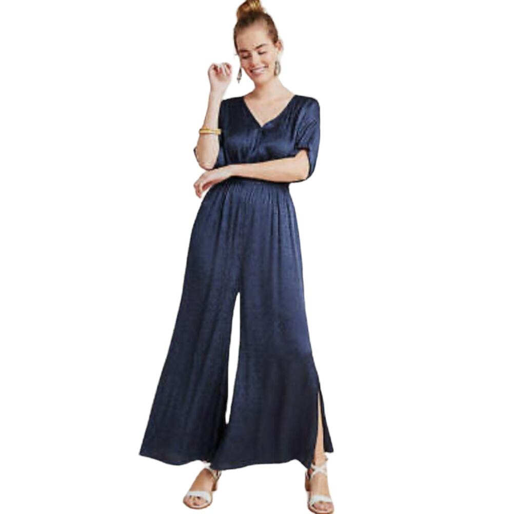 Anthropologie Maeve Jacqueline Jacquard Leopard Navy Blue Jumpsuit Size XS